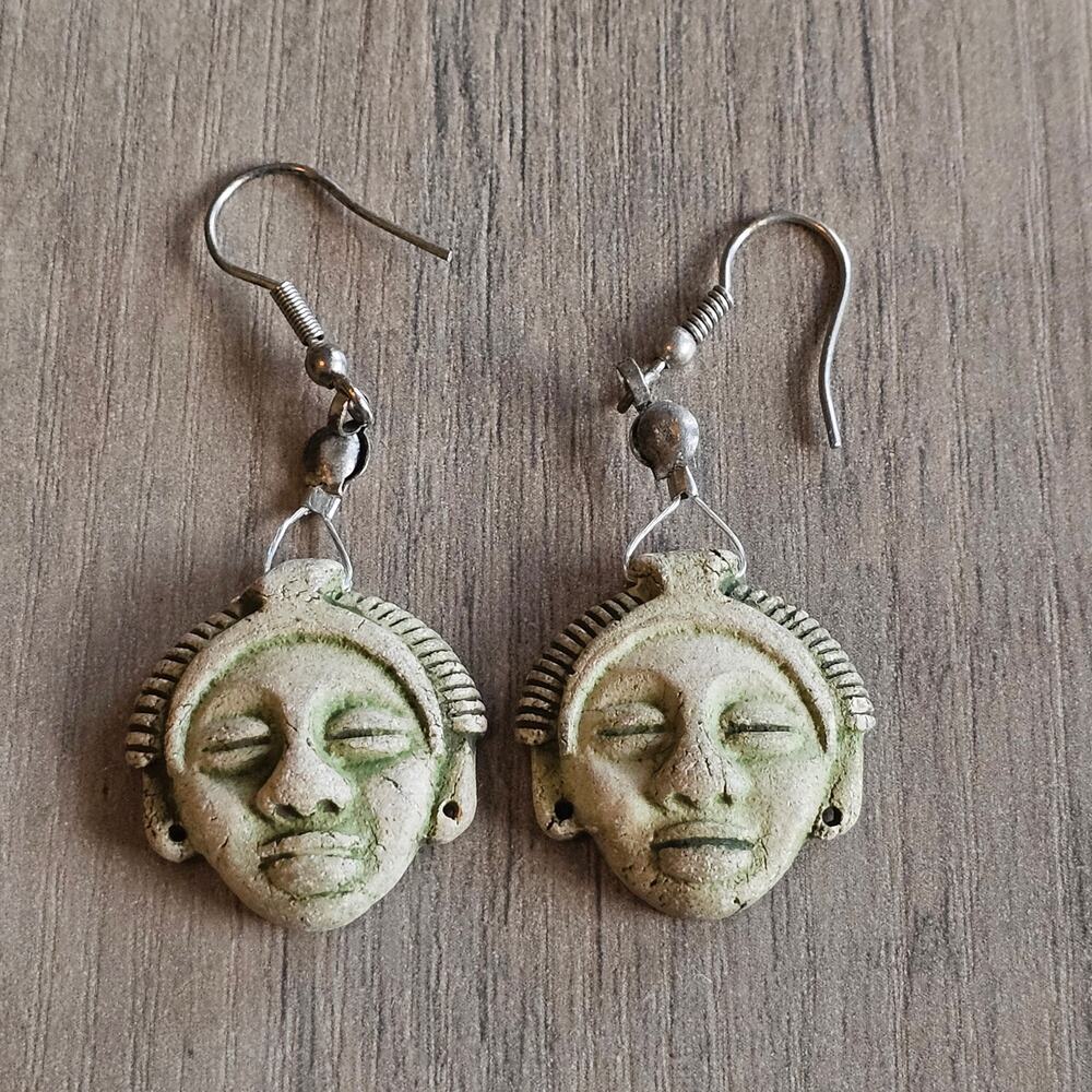 Vintage Artisan Crafted Tribal Mask Dangle Earrings